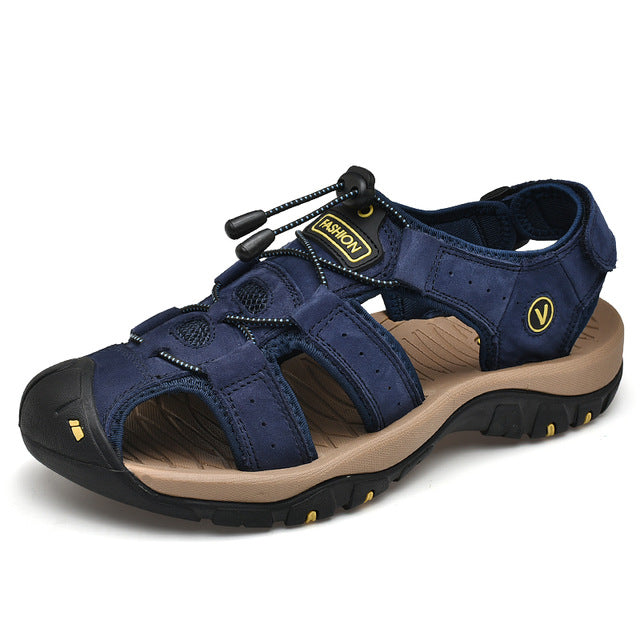 azfleek Sandals Genuine Leather Men Shoes Summer Fashion Slippers Sandals Blue / 7