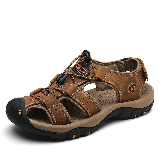 azfleek Sandals Genuine Leather Men Shoes Summer Fashion Slippers Sandals Brown / 6.5